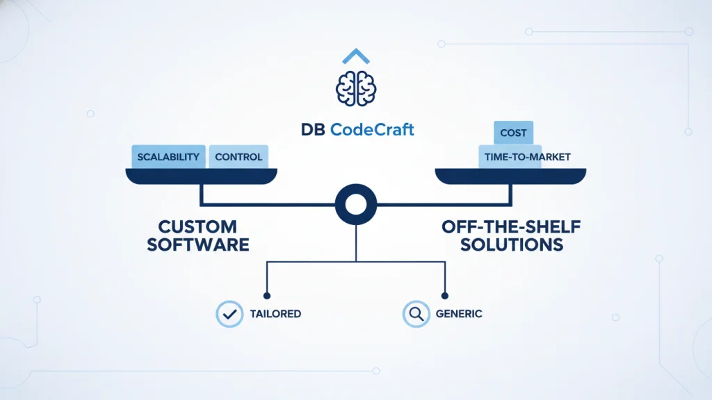Decision tree graphic comparing factors for custom software vs. off-the-shelf solutions.