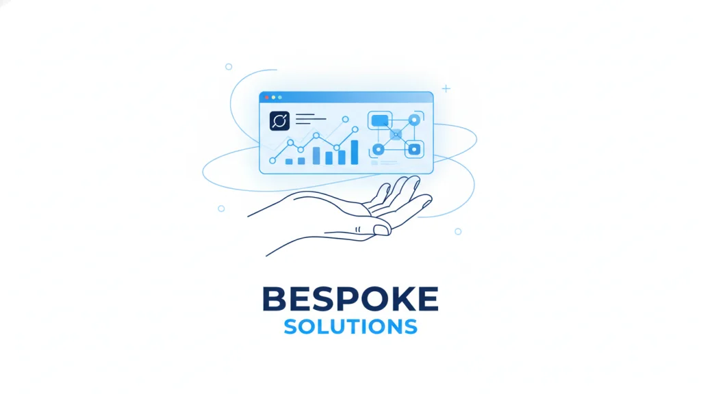 Illustration of a user interacting with custom-built software displaying business growth metrics.
