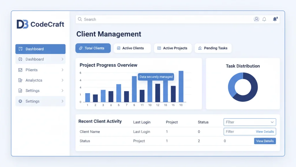 Example of a custom React-built client portal for enterprise use, with secure login and data display.
