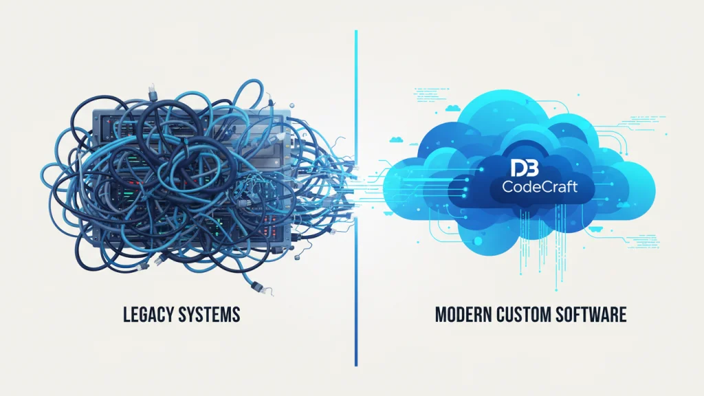 Visual metaphor of legacy system modernization, transitioning from outdated infrastructure to modern, efficient custom software.