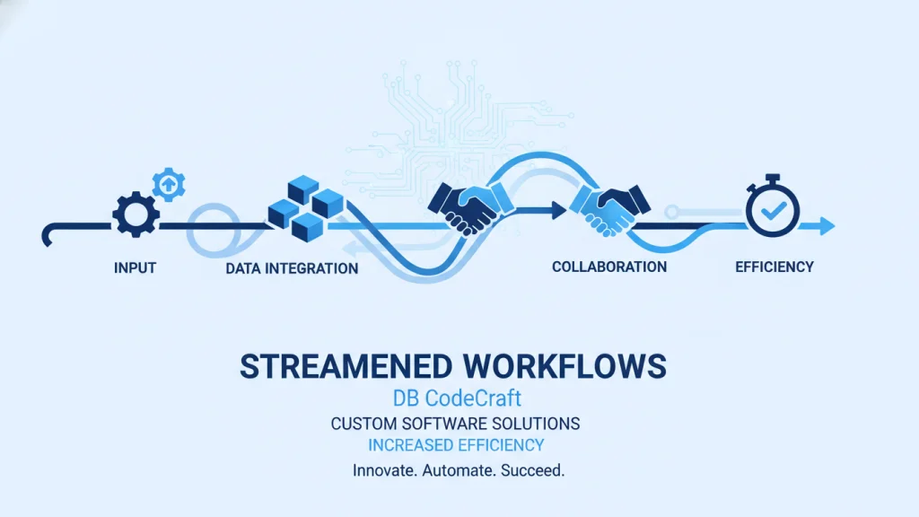 Illustration of optimized business workflows and integrated systems, symbolizing efficiency gains from custom software solutions by DB CodeCraft.