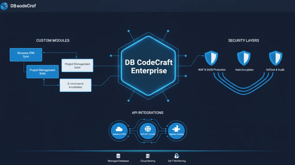 Diagram illustrating custom WordPress architecture with API integrations for enterprise scalability and security.