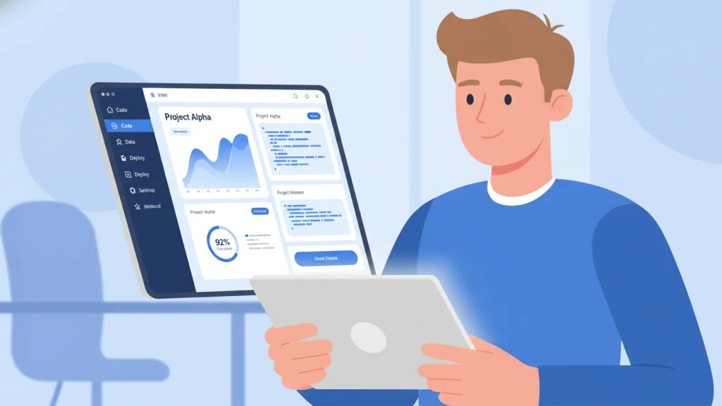 Person using a custom-designed software application with an intuitive user interface, highlighting superior UX and tailored functionality.