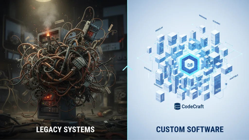 Illustration comparing tangled, outdated technical debt with streamlined, modular custom software solutions, highlighting efficiency and scalability.