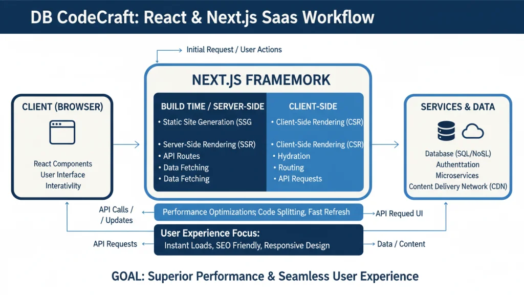 Workflow diagram for efficient SaaS product development using React and Next.js.