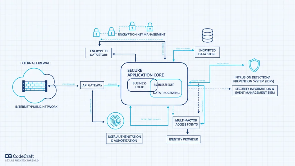 Detailed diagram of a custom software security architecture with robust defense mechanisms