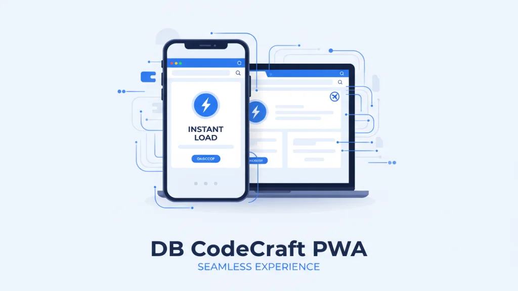 Illustration of a PWA running seamlessly on both a smartphone and a laptop, highlighting offline capabilities and speed.